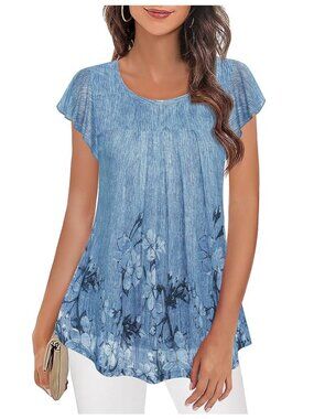 Furnex Blouse Medium Floral Scoop Neck Flutter Sleeve Blue Bohemian Cottagecore